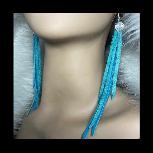 Hand Crafted Jewelry - HAND CRAFTED Long Fringe Detail Blue Leather Tassel Pierced Earrings
